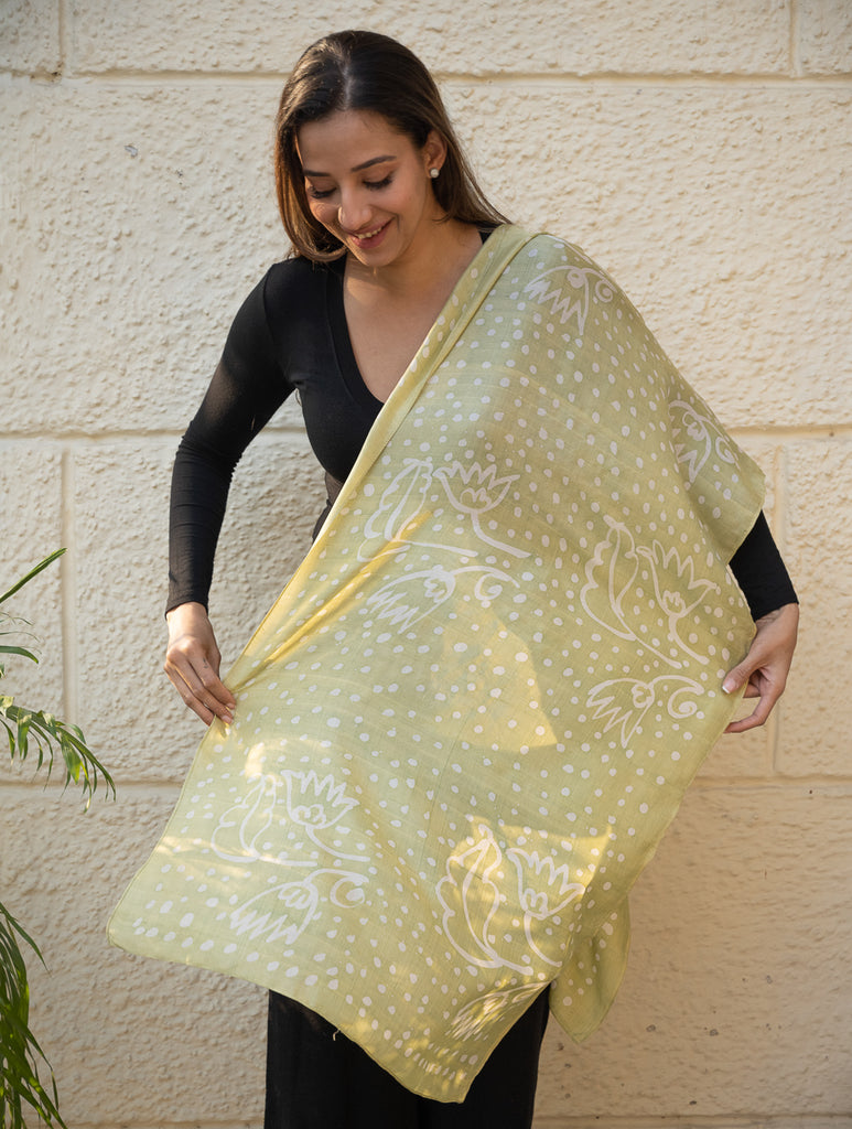 Light & Elegant Silk Batik Stole - Lime Dots