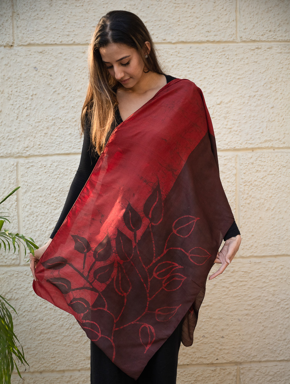 Load image into Gallery viewer, Light &amp; Elegant Silk Batik Stole - Maroon &amp; Dark Brown