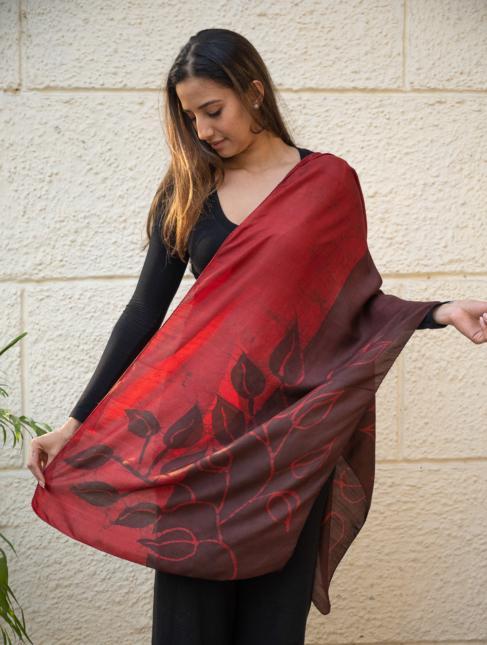 Load image into Gallery viewer, Light &amp; Elegant Silk Batik Stole - Maroon &amp; Dark Brown