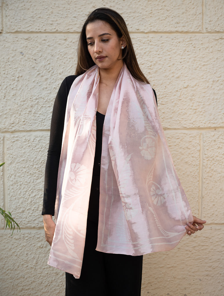 Light & Elegant Silk Batik Stole - Pale Pink Flora