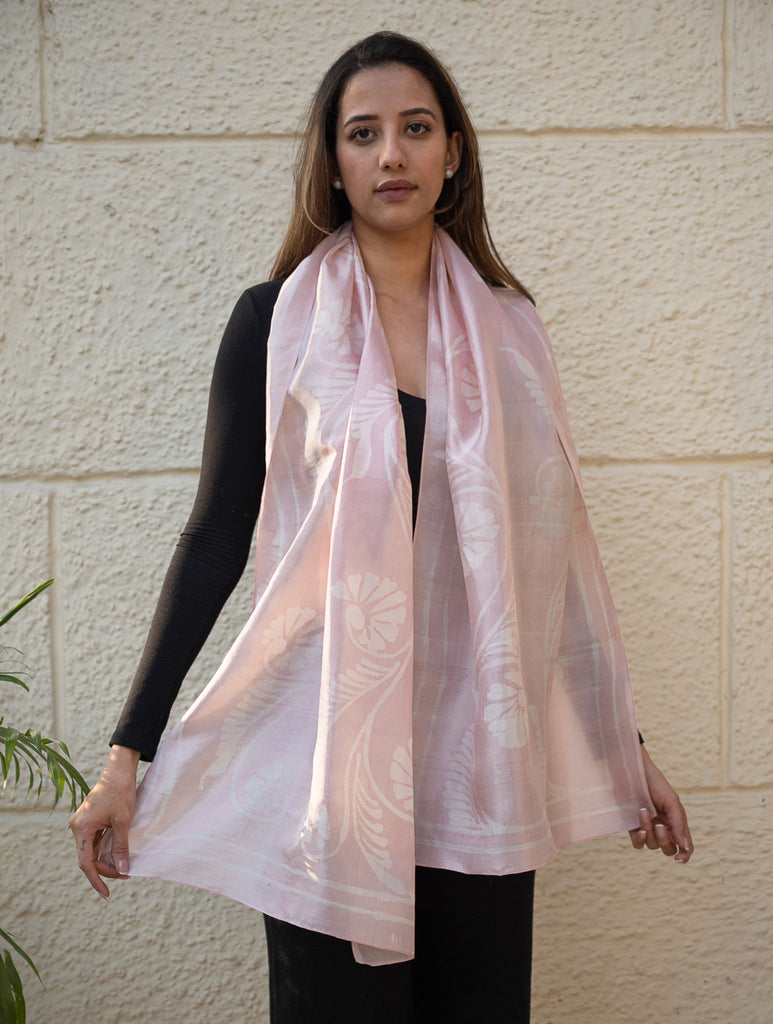 Light & Elegant Silk Batik Stole - Pale Pink Flora