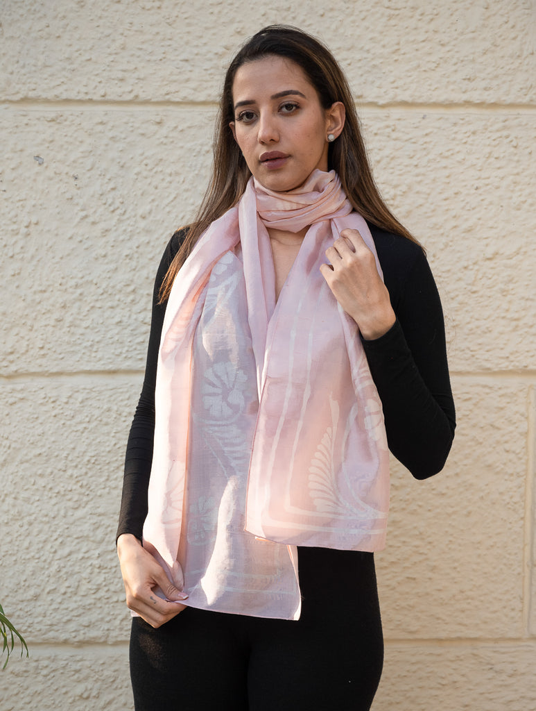 Light & Elegant Silk Batik Stole - Pale Pink Flora