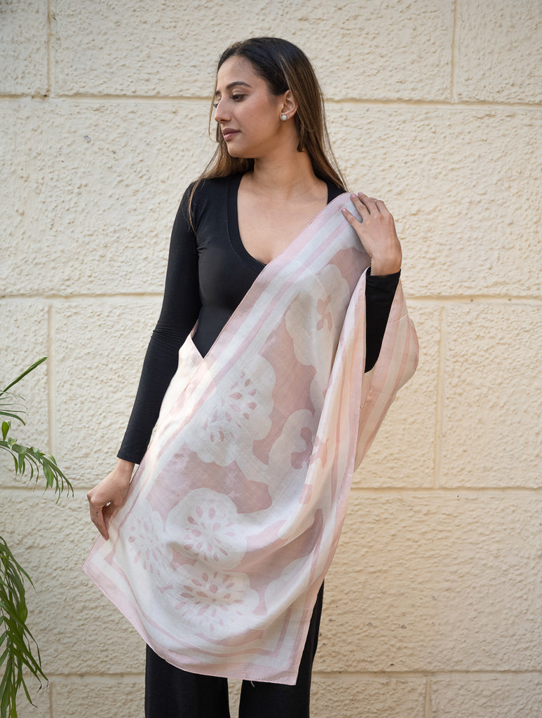 Light & Elegant Silk Batik Stole - Pink Flora