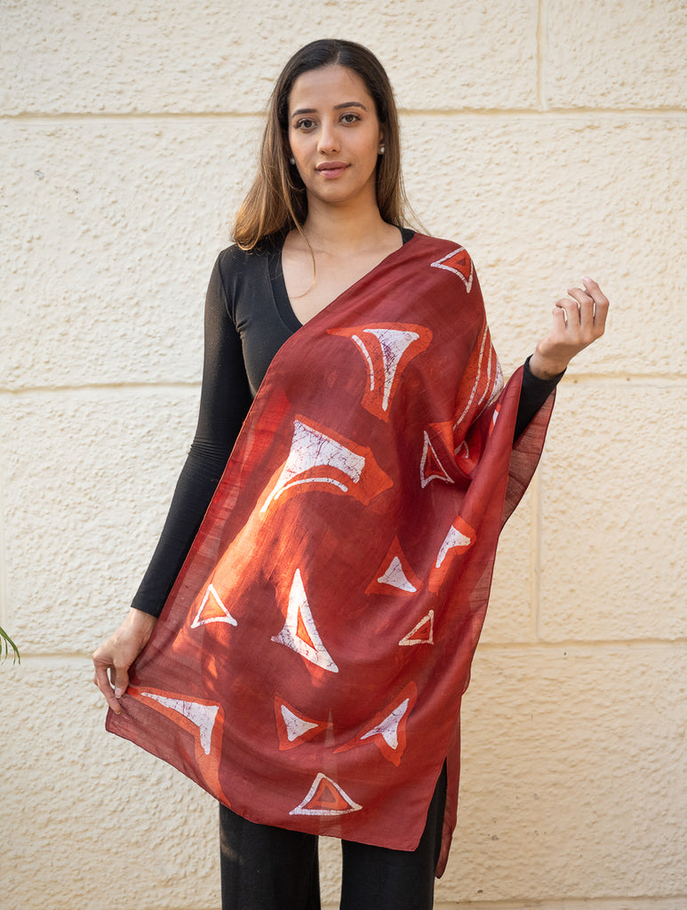 Light & Elegant Silk Batik Stole - Red Abstract