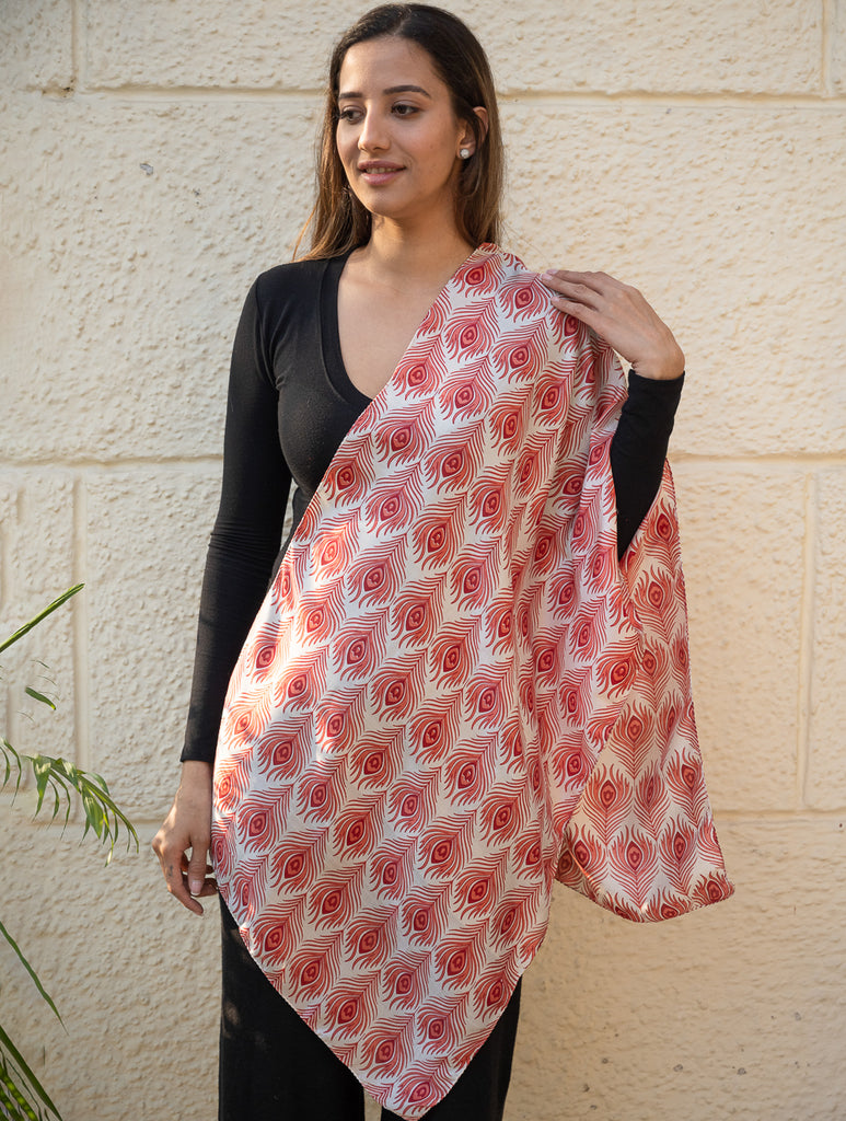 Light & Elegant Silk Batik Stole - Red Feathers