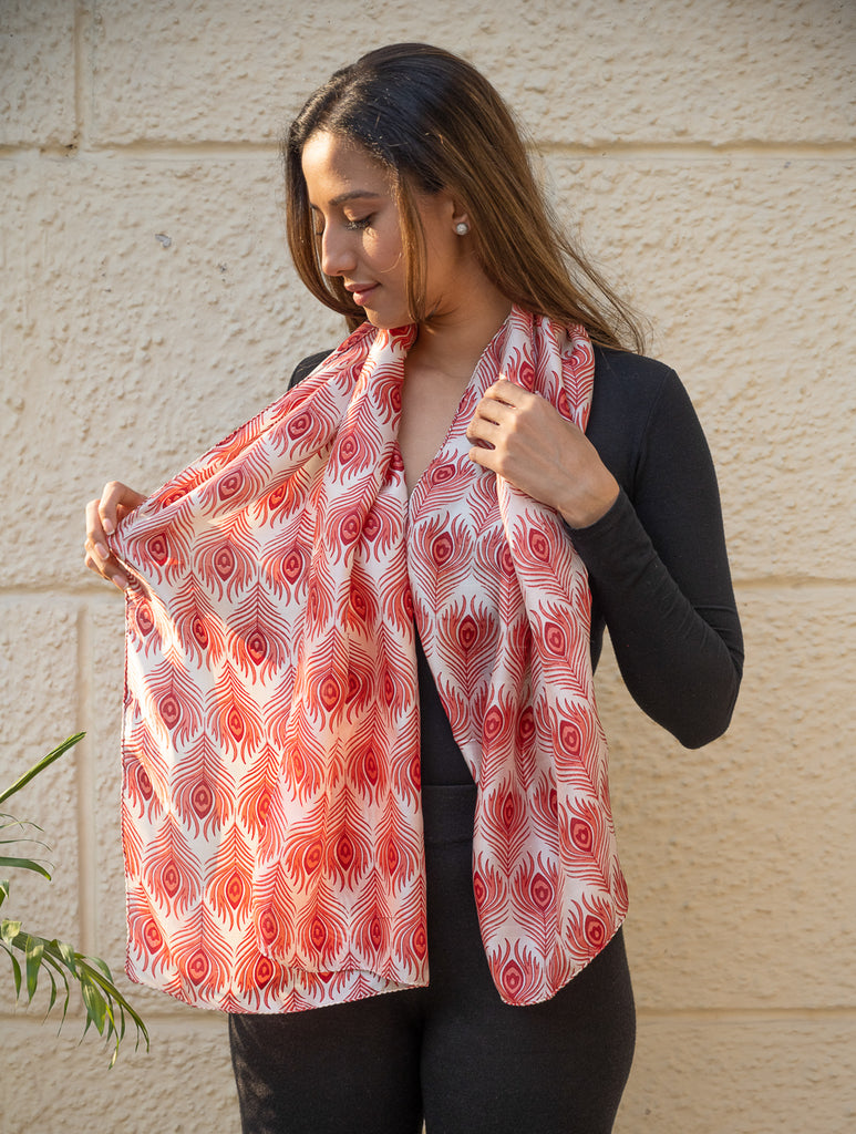 Light & Elegant Silk Batik Stole - Red Feathers