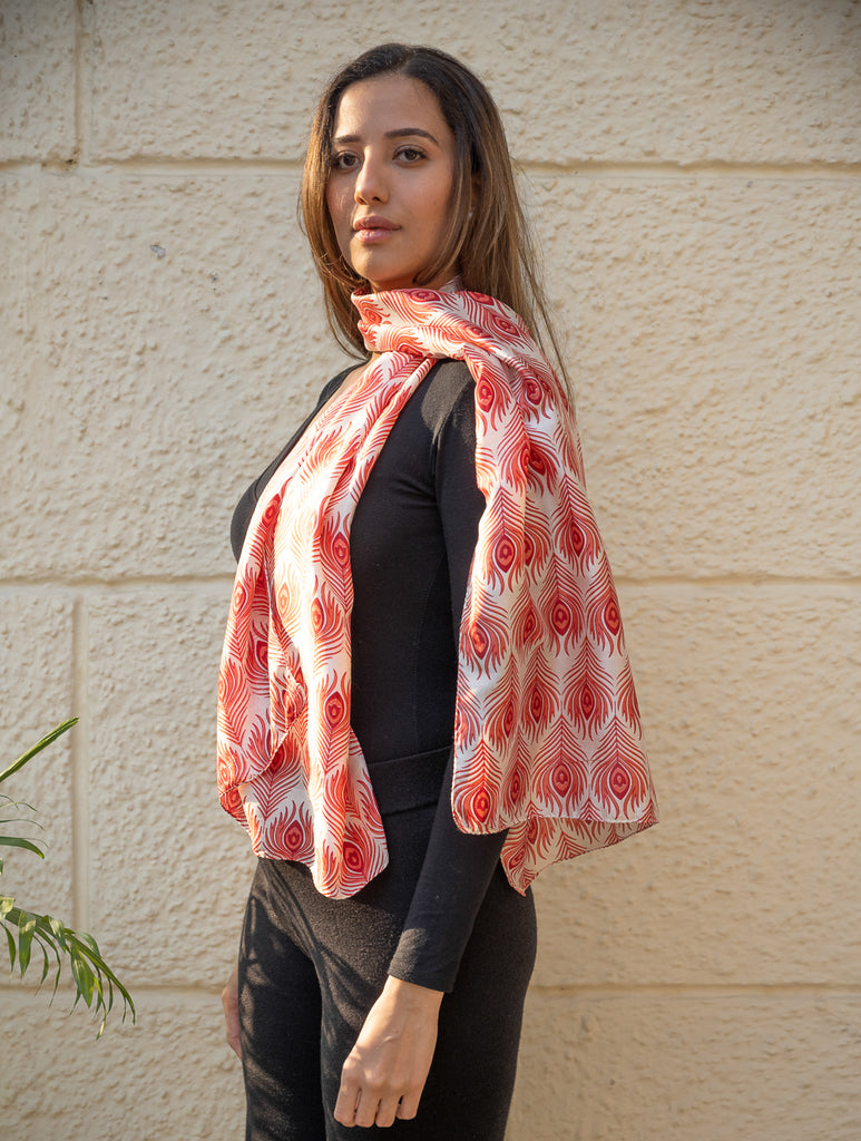 Light & Elegant Silk Batik Stole - Red Feathers