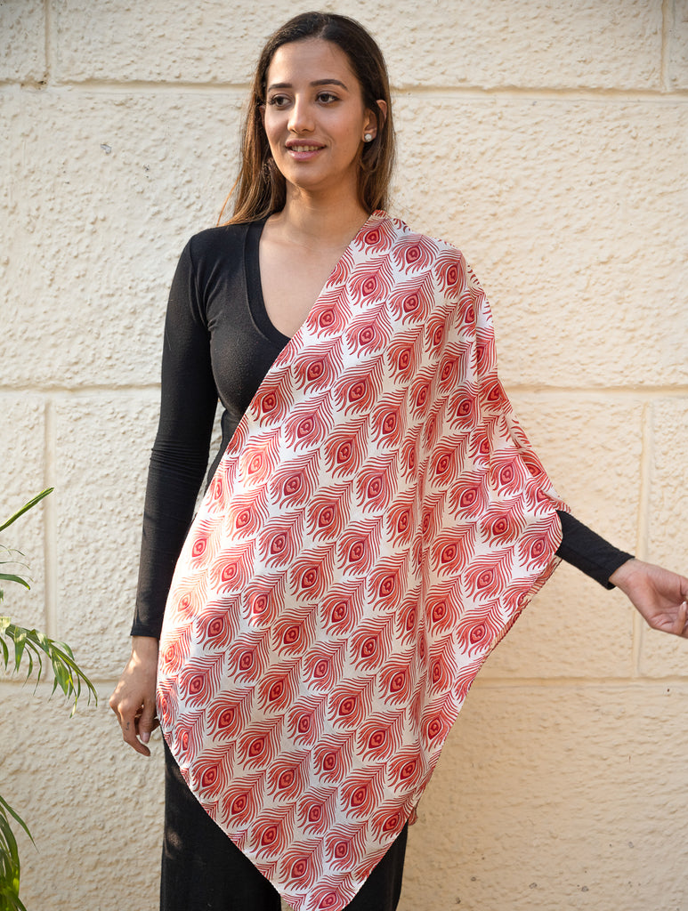 Light & Elegant Silk Batik Stole - Red Feathers