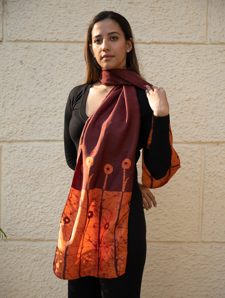 Light & Elegant Silk Batik Stole - Rust Orange & Maroon