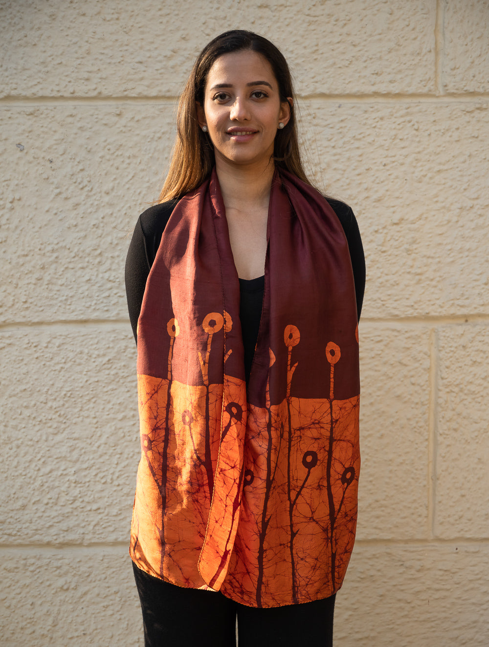 Load image into Gallery viewer, Light &amp; Elegant Silk Batik Stole - Rust Orange &amp; Maroon