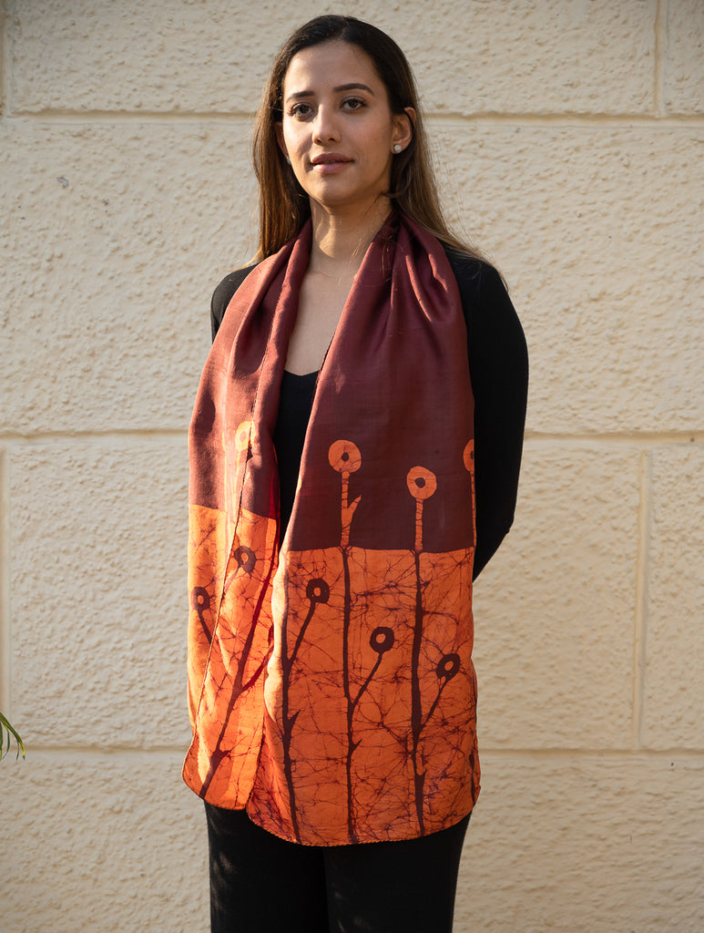 Light & Elegant Silk Batik Stole - Rust Orange & Maroon