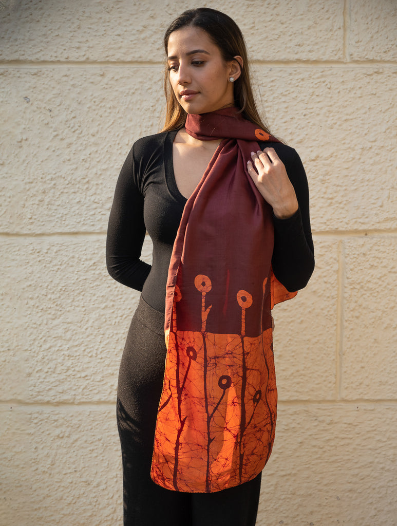 Light & Elegant Silk Batik Stole - Rust Orange & Maroon