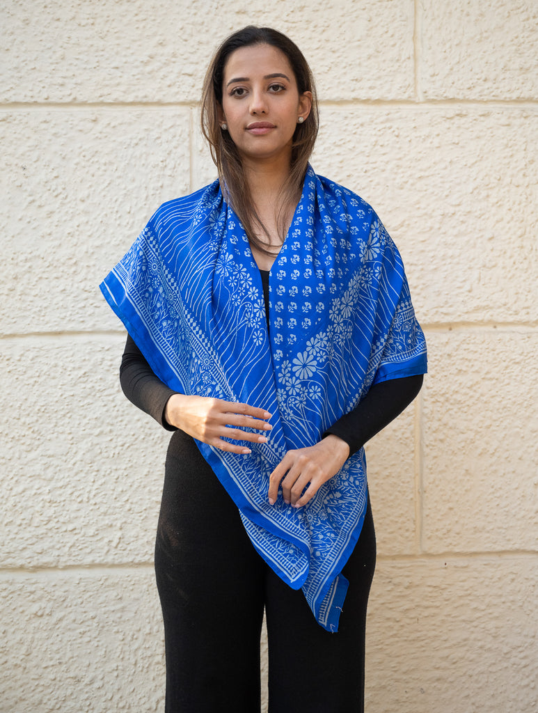 Light & Elegant Silk Printed Stole - Royal Blue Flora