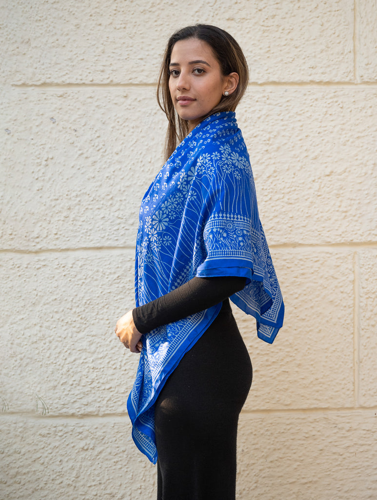 Light & Elegant Silk Printed Stole - Royal Blue Flora