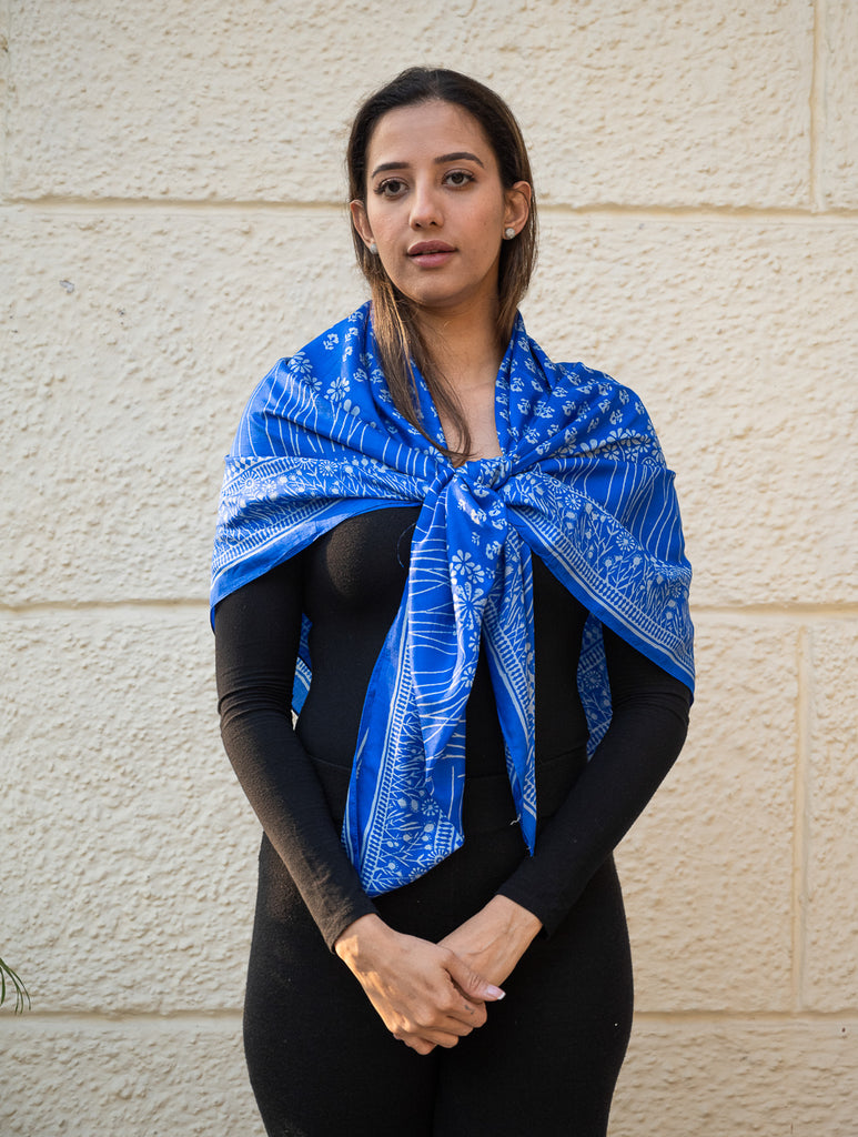 Light & Elegant Silk Printed Stole - Royal Blue Flora