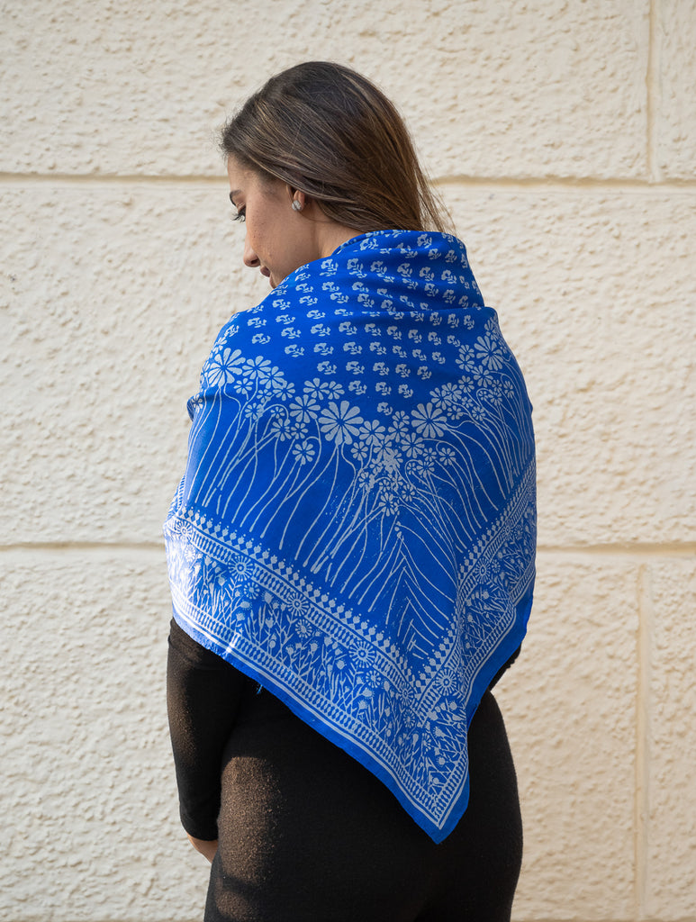 Light & Elegant Silk Printed Stole - Royal Blue Flora