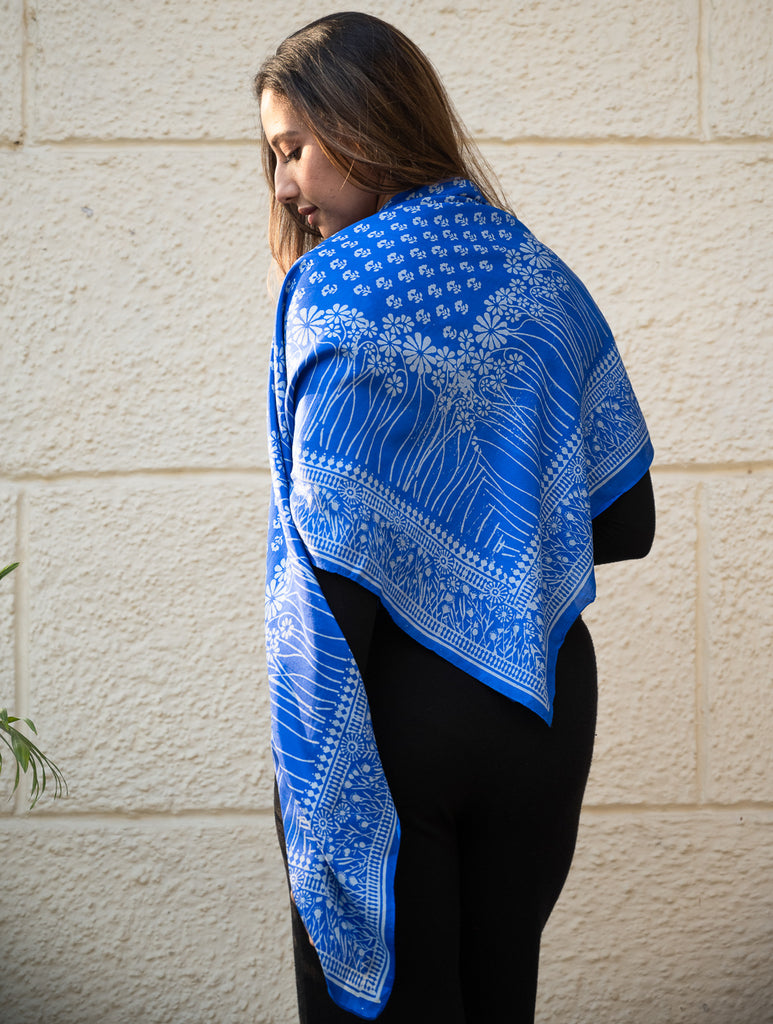 Light & Elegant Silk Printed Stole - Royal Blue Flora