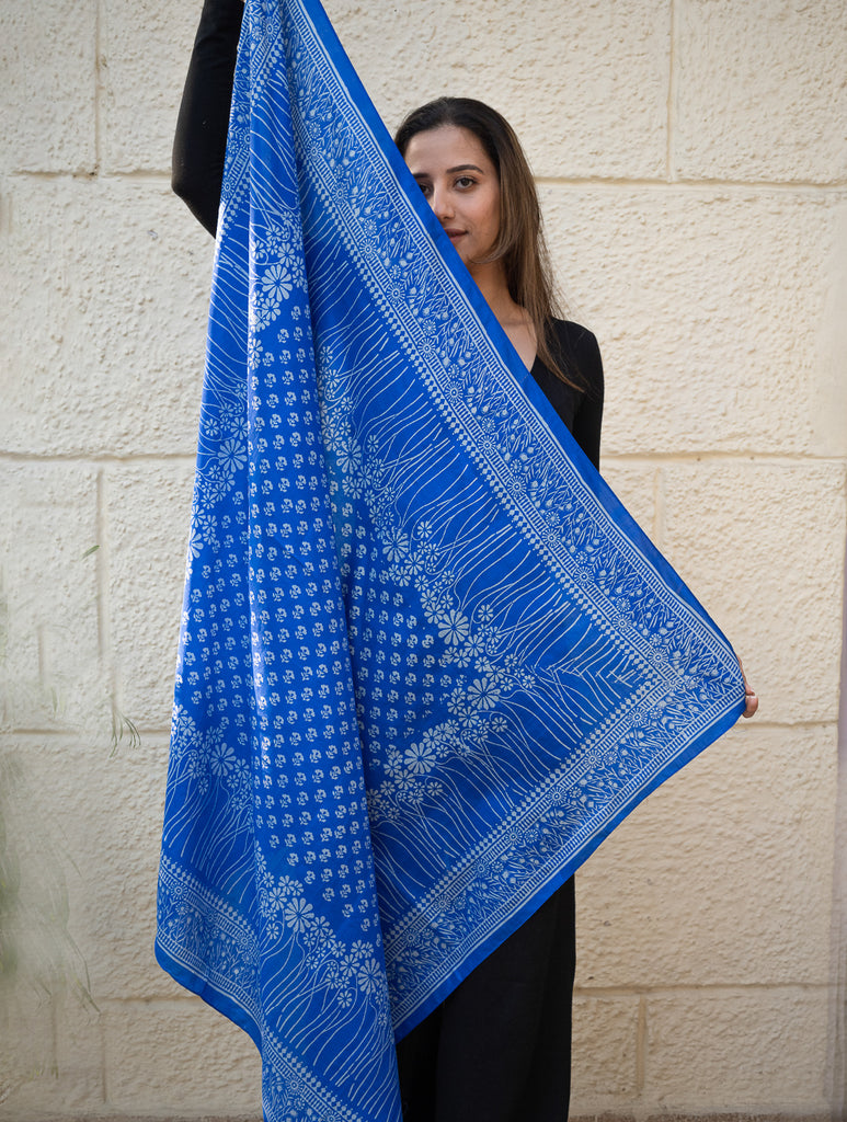 Light & Elegant Silk Printed Stole - Royal Blue Flora