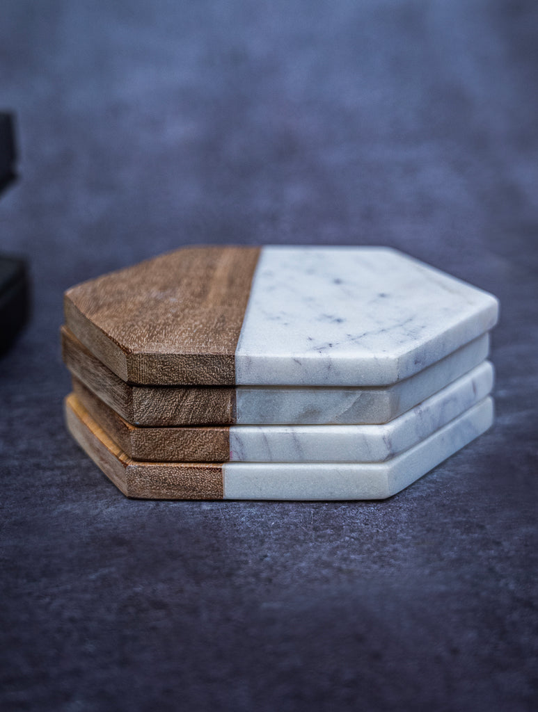Marble and Wood Hexagon Coasters
