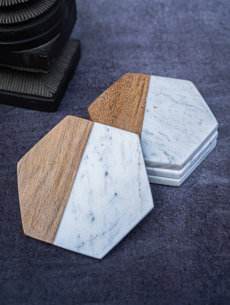 Marble and Wood Hexagon Coasters