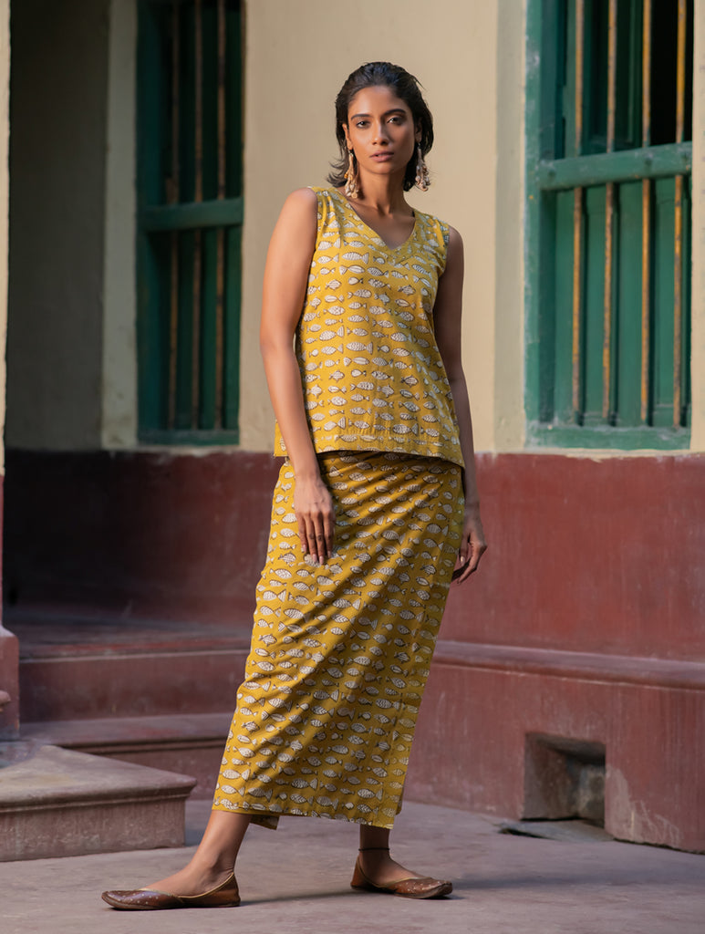 Matsya. Bagru Handblock Printed Wrap Skirt & Top Set 