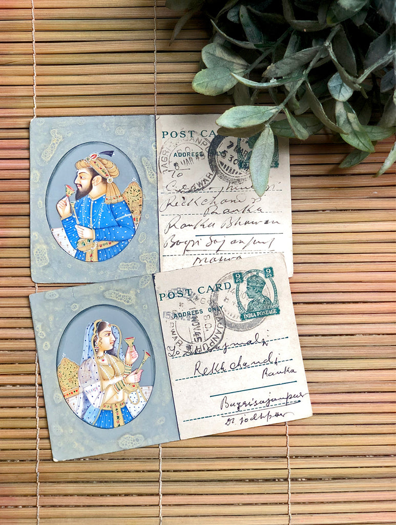 Miniature Art on Vintage Postcard - Raja-Rani