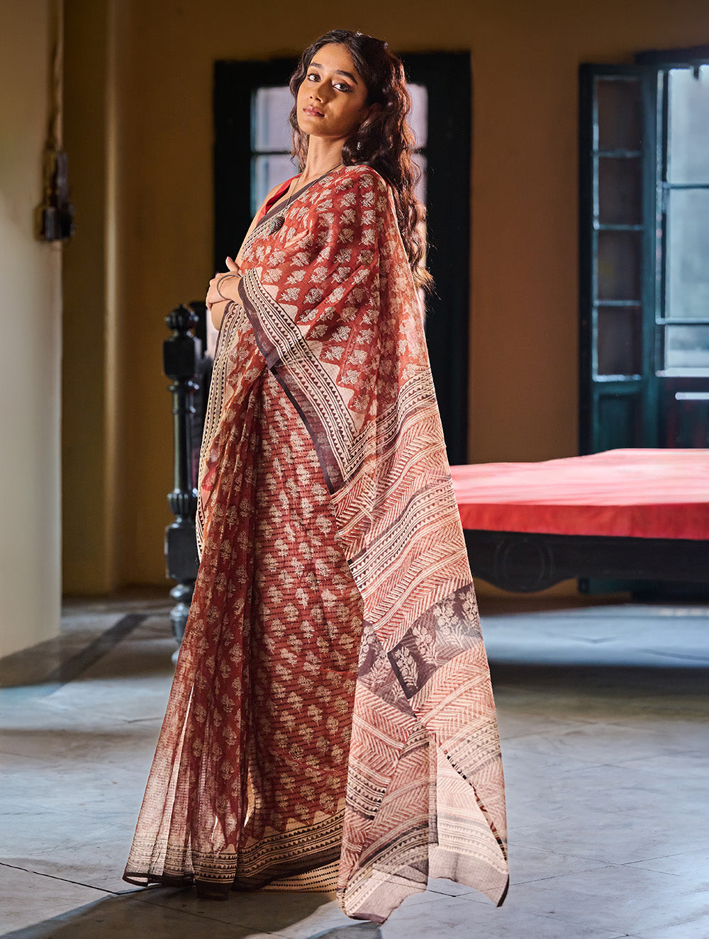 Bagru Statements: Hand Block Printed Kota Doria Saree - Terracotta Meadow