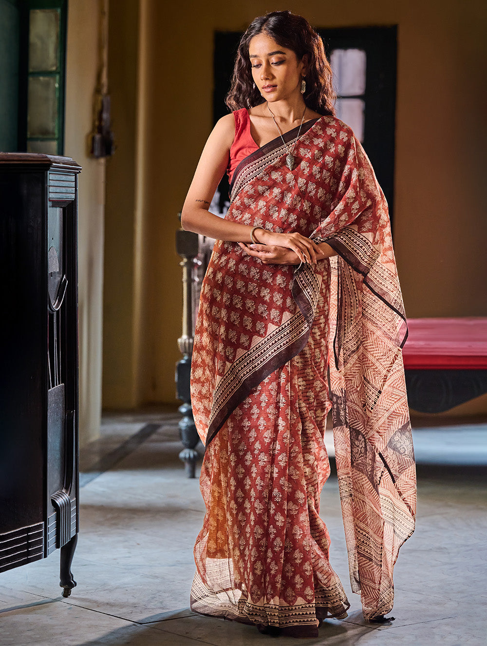 Bagru Statements: Hand Block Printed Kota Doria Saree - Terracotta Meadow