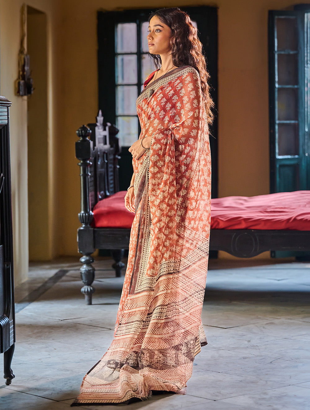 Bagru Statements: Hand Block Printed Kota Doria Saree - Terracotta Meadow