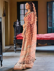 Bagru Statements: Hand Block Printed Kota Doria Saree - Terracotta Meadow