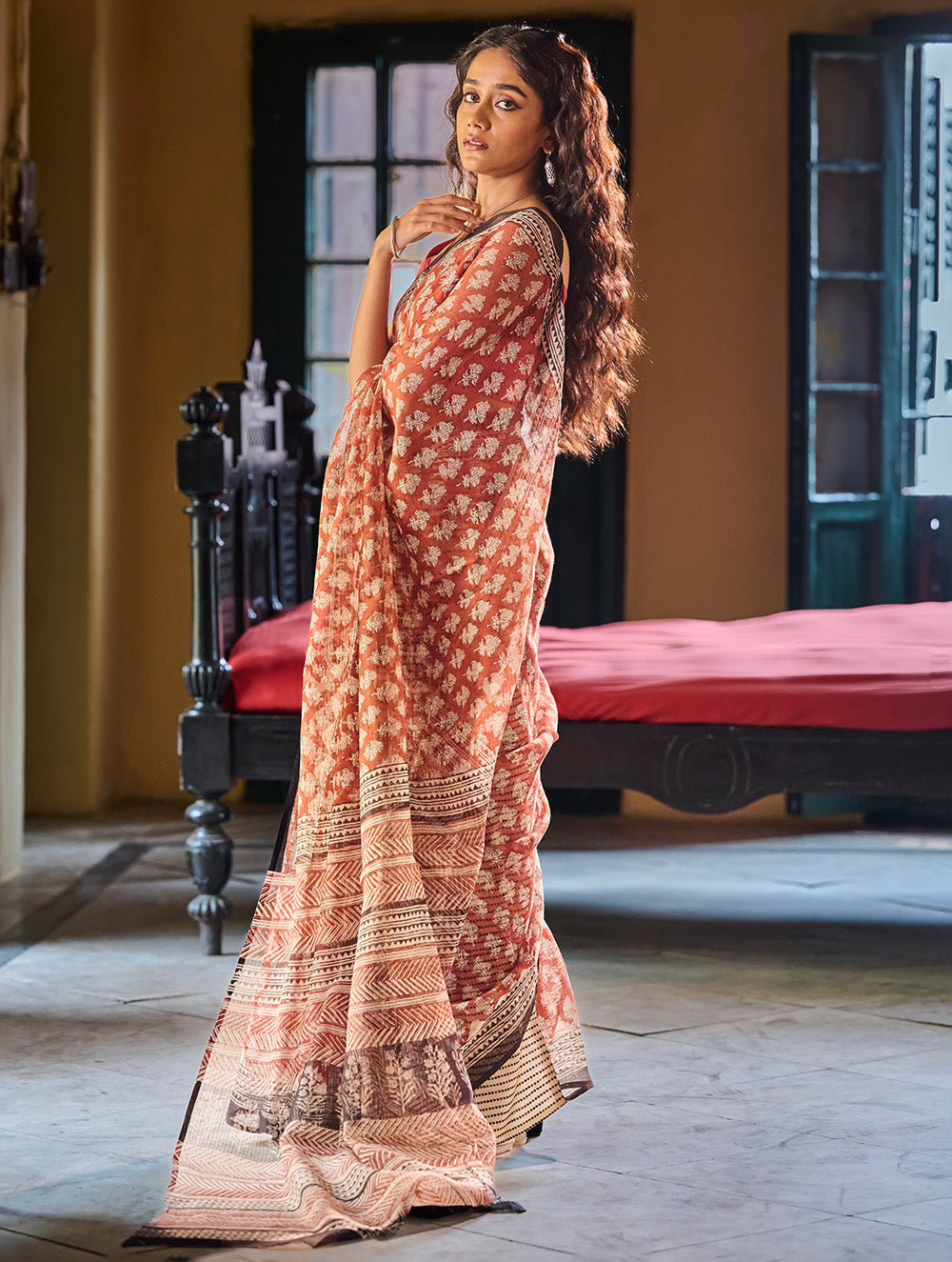 Bagru Statements: Hand Block Printed Kota Doria Saree - Terracotta Meadow