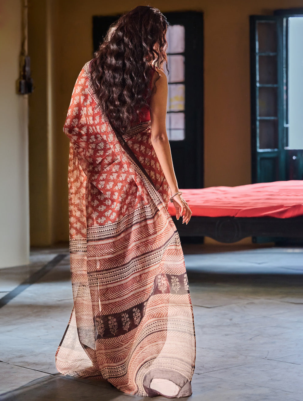 Bagru Statements: Hand Block Printed Kota Doria Saree - Terracotta Meadow