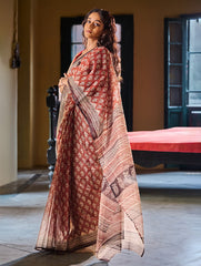 Bagru Statements: Hand Block Printed Kota Doria Saree - Terracotta Meadow
