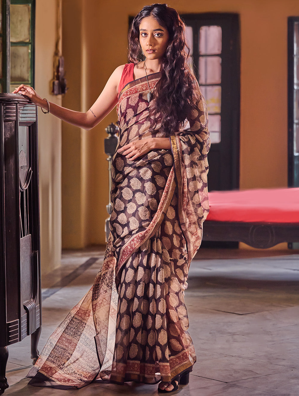 Bagru Statements: Hand Block Printed Kota Doria Saree - Black Paisley