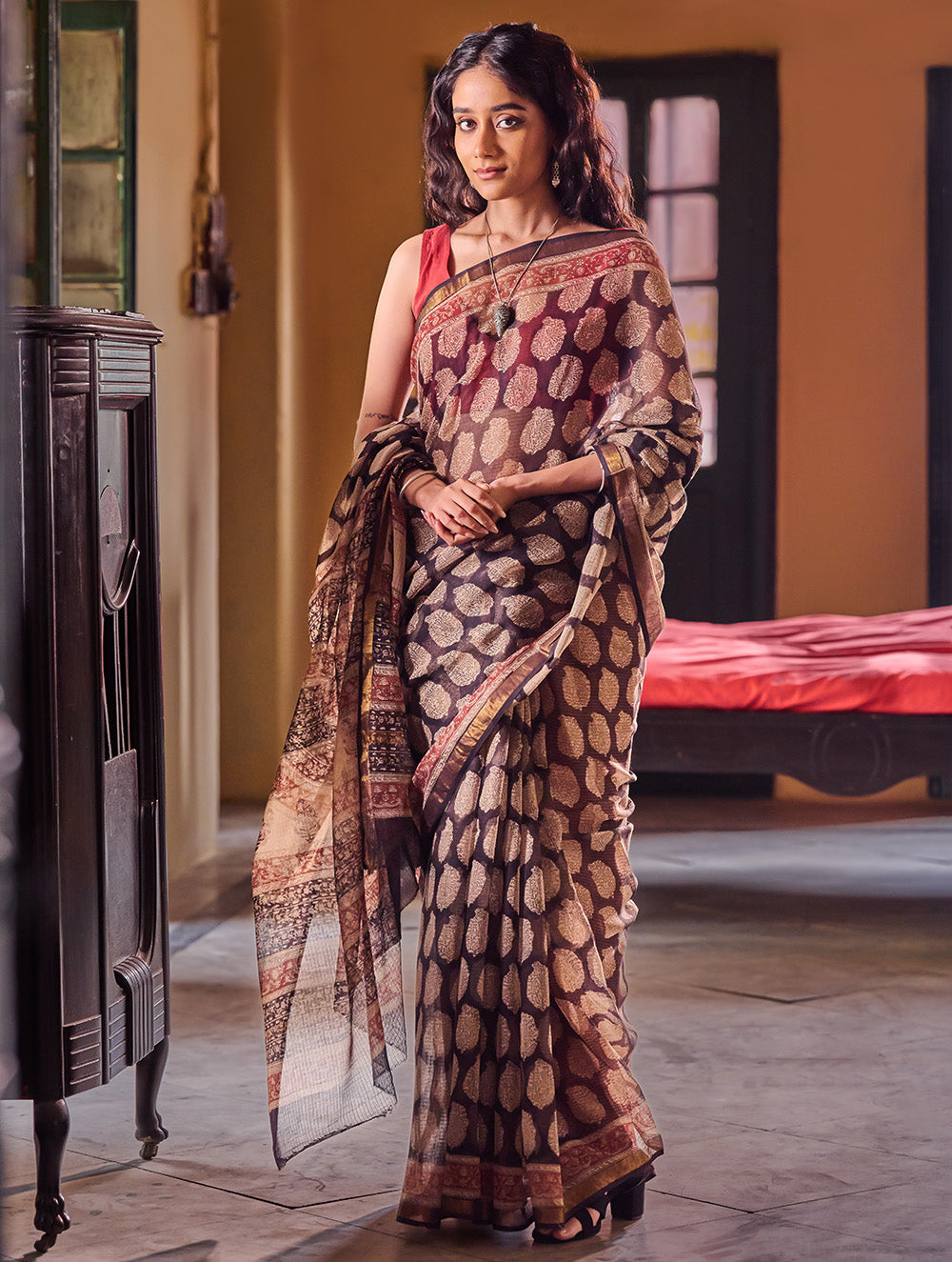 Bagru Statements: Hand Block Printed Kota Doria Saree - Black Paisley