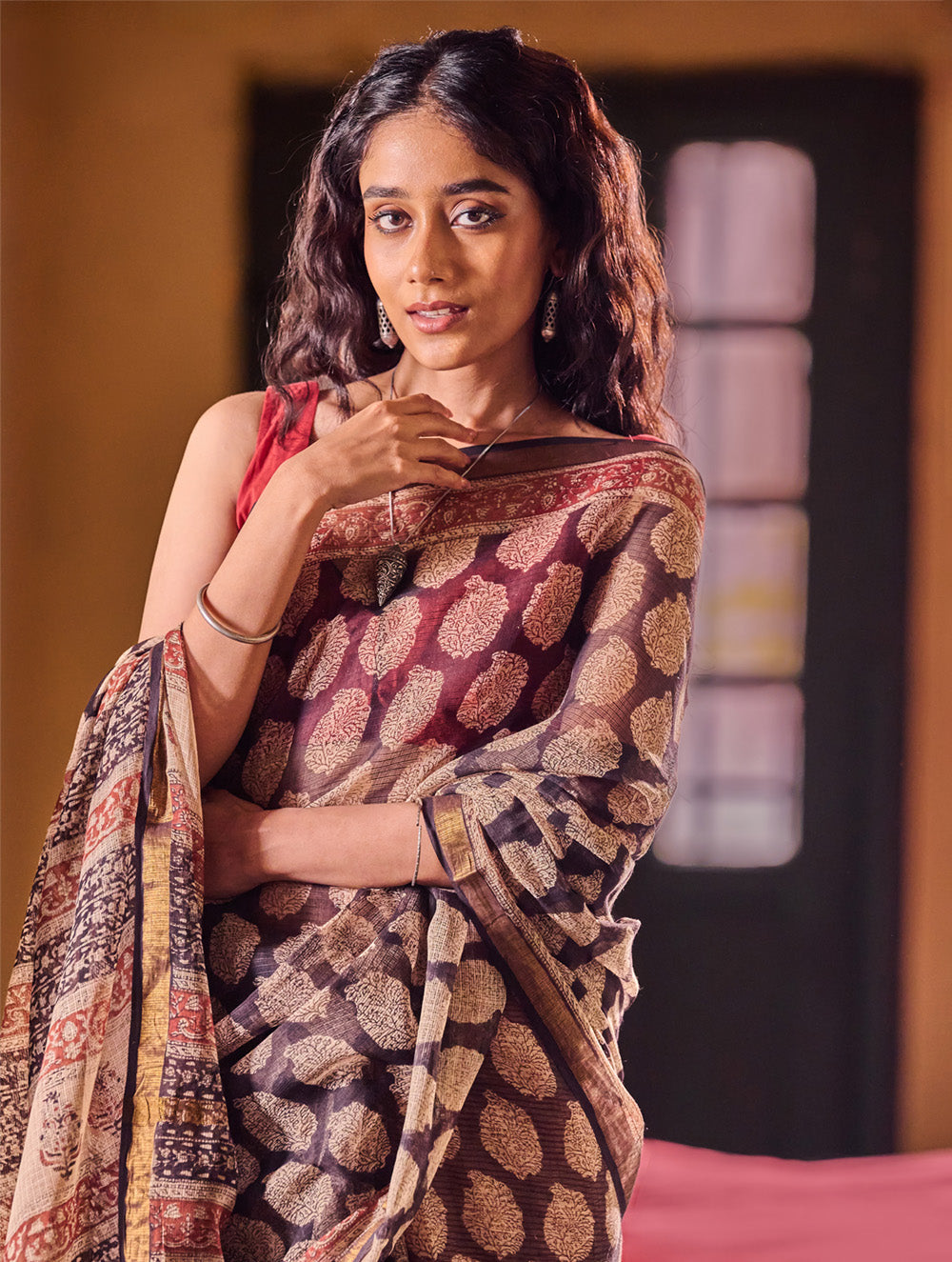 Bagru Statements: Hand Block Printed Kota Doria Saree - Black Paisley
