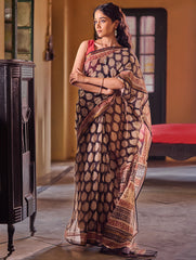 Bagru Statements: Hand Block Printed Kota Doria Saree - Black Paisley