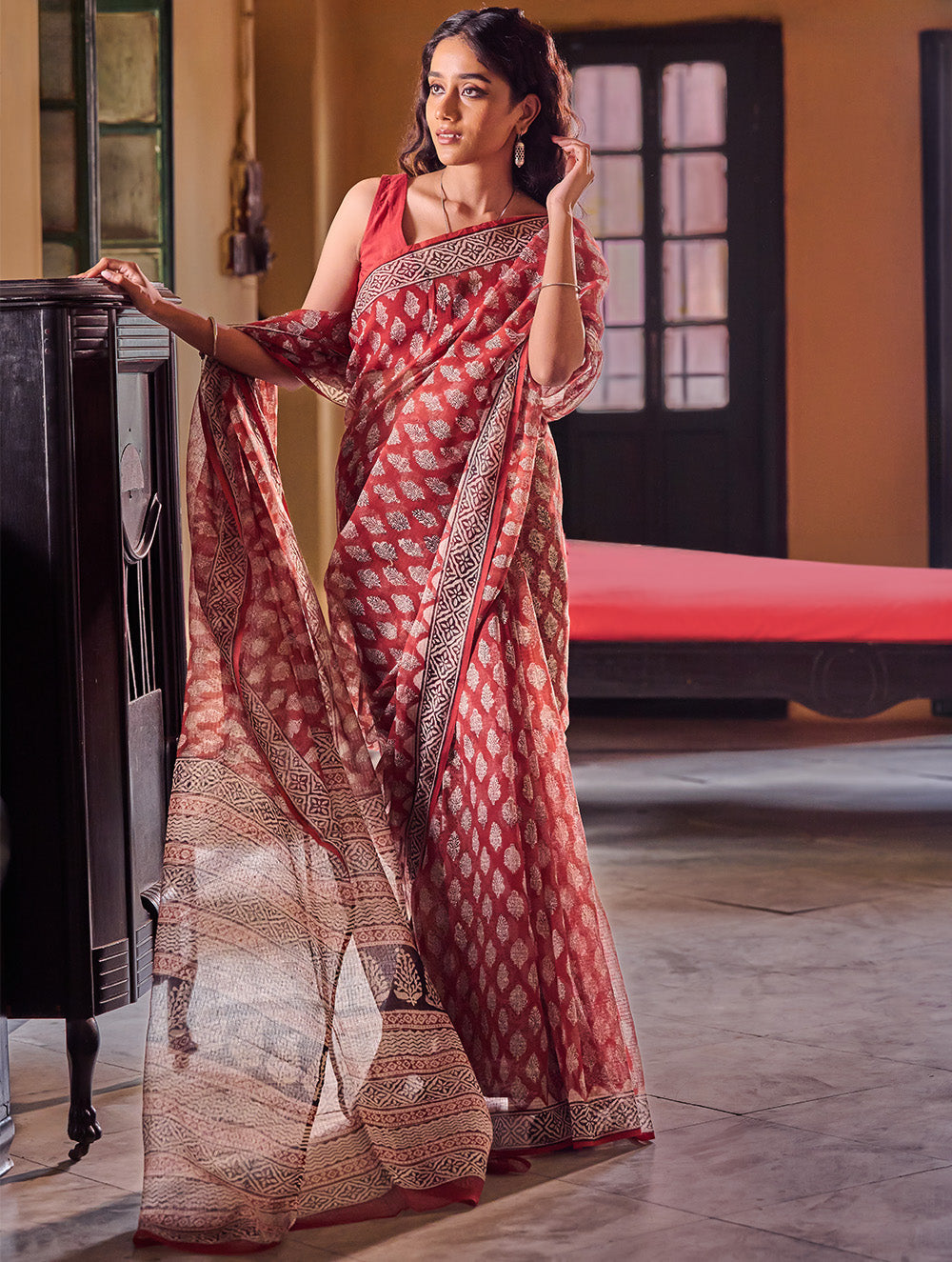 Bagru Statements: Hand Block Printed Kota Doria Saree - Red Canvas