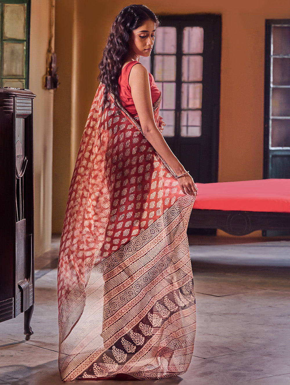 Bagru Statements: Hand Block Printed Kota Doria Saree - Red Canvas