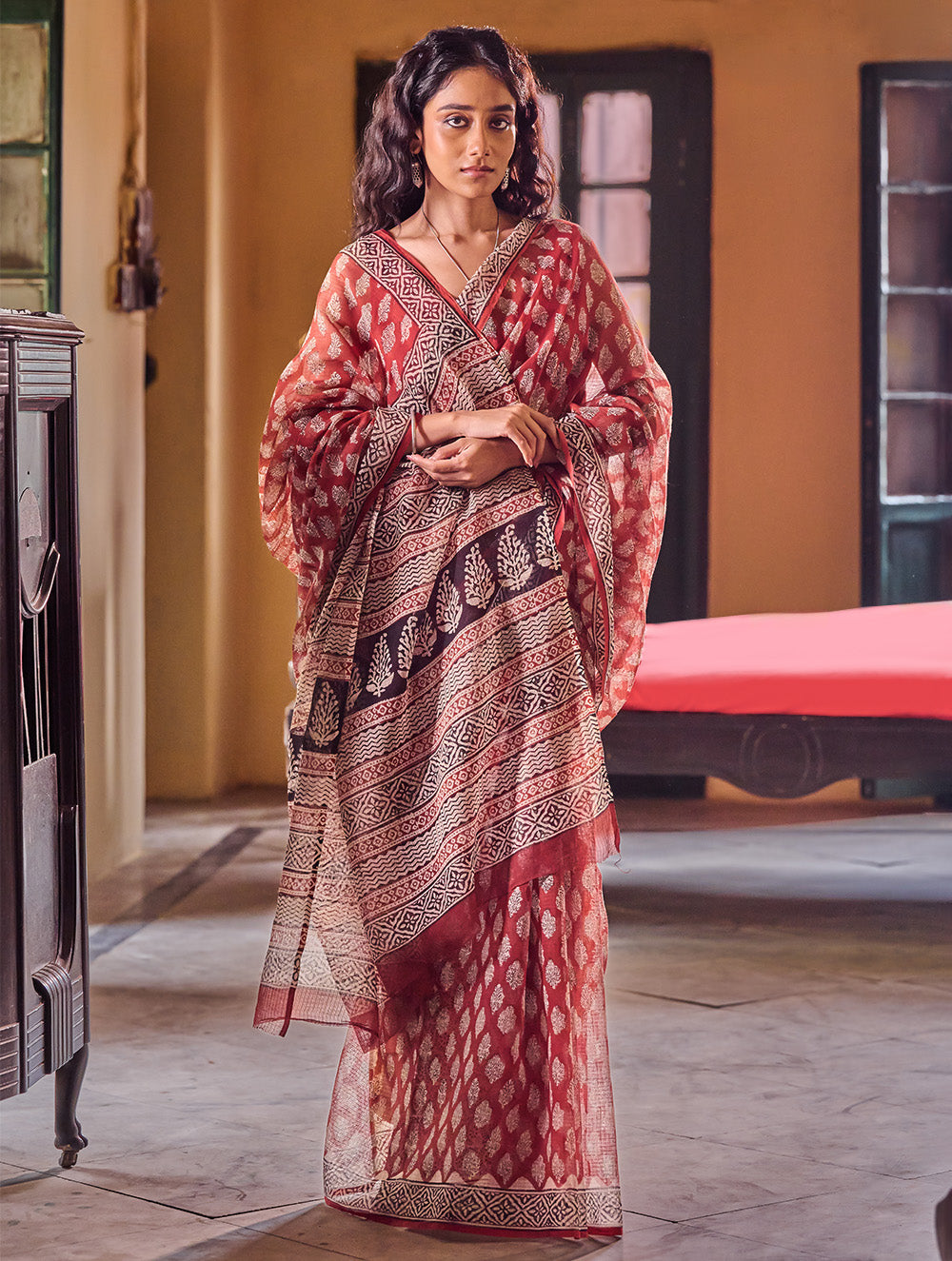 Bagru Statements: Hand Block Printed Kota Doria Saree - Red Canvas