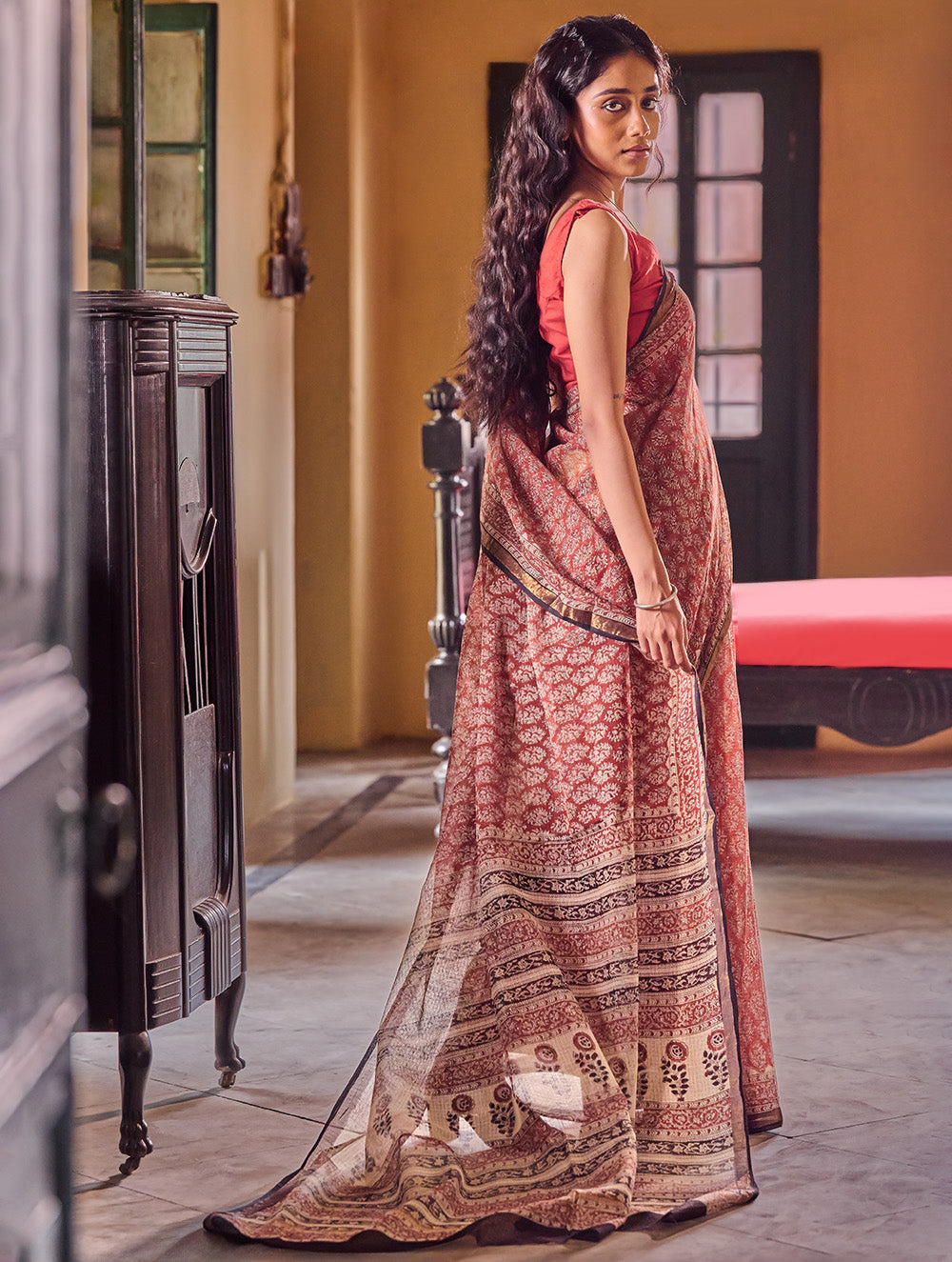 Bagru Statements: Hand Block Printed Kota Doria Saree - Floral Buta