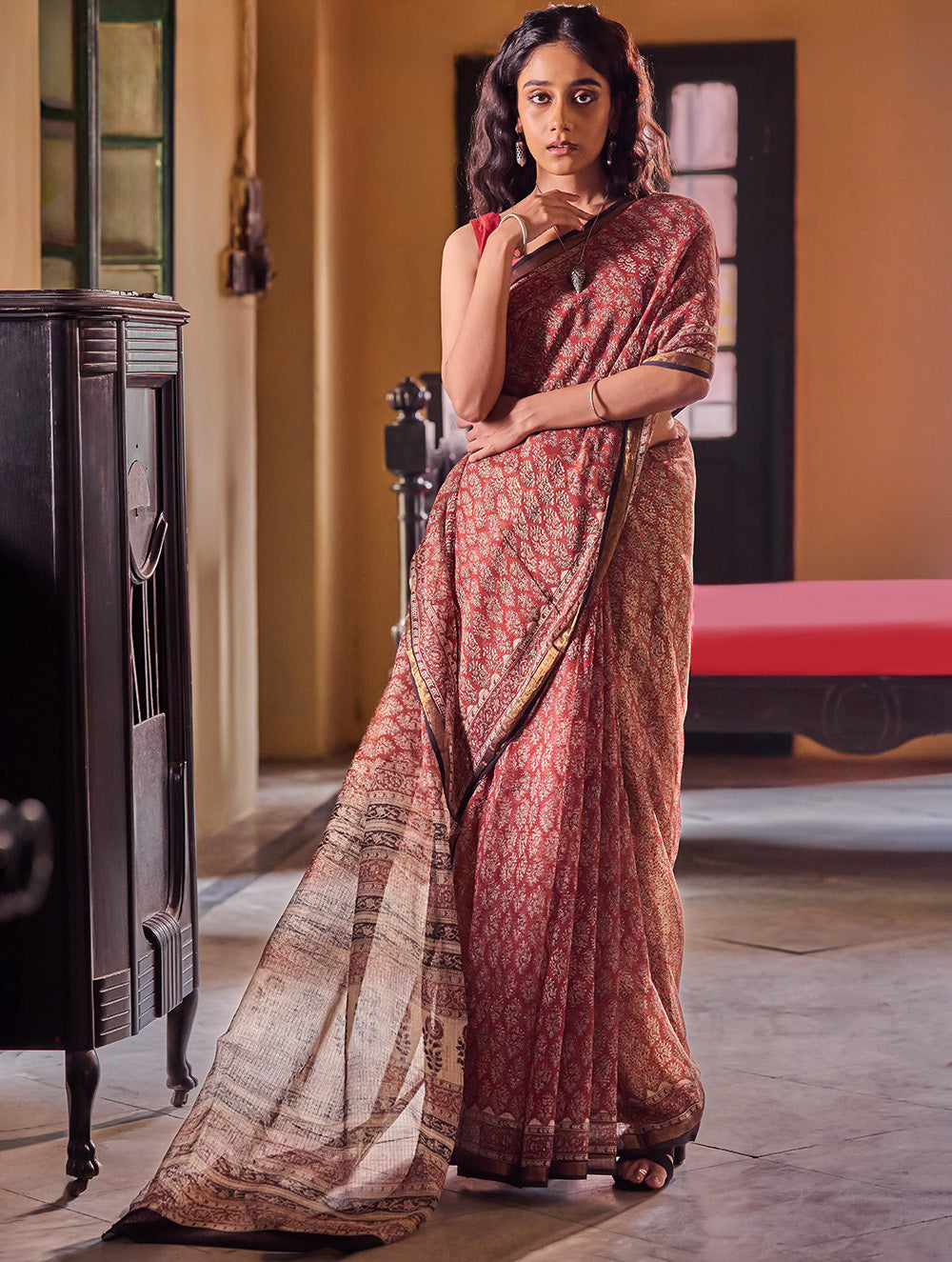 Bagru Statements: Hand Block Printed Kota Doria Saree - Floral Buta