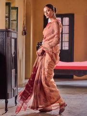 Bagru Statements : Hand Block Printed Silk Kota Doria Saree - Kesariya