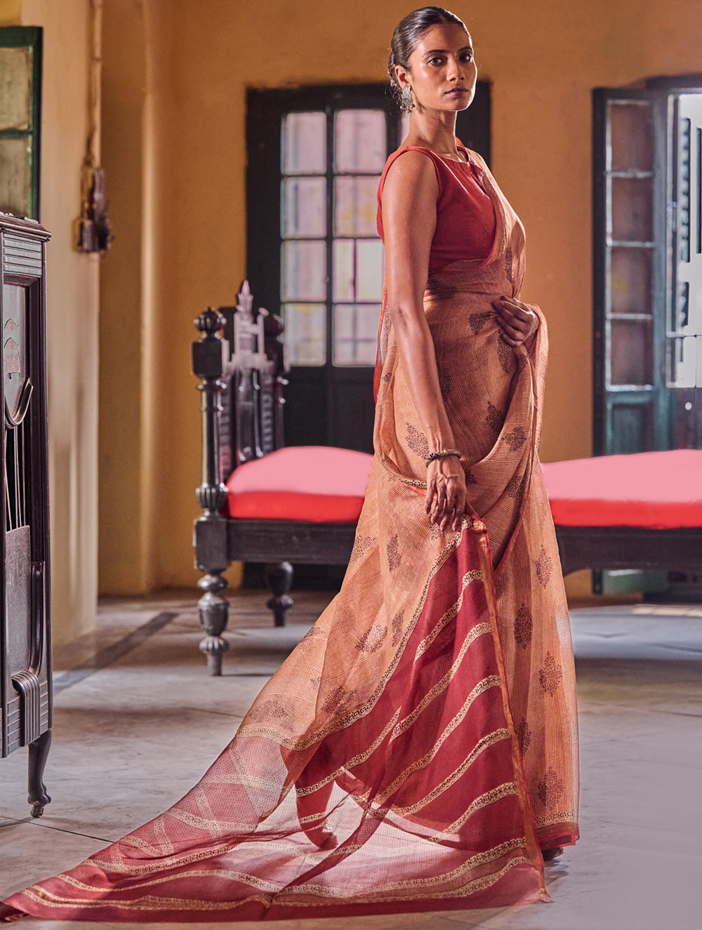 Bagru Statements : Hand Block Printed Silk Kota Doria Saree - Kesariya