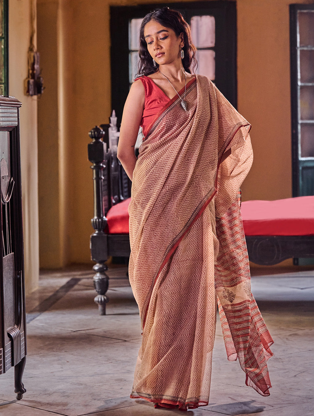 Bagru Statements: Hand Block Printed Kota Doria Saree - Desert Chevron