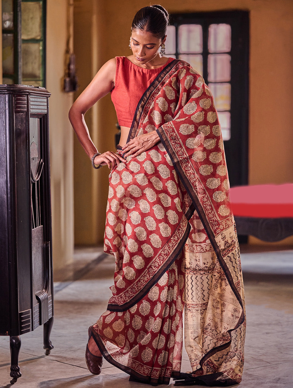 Bagru Statements : Hand Block Printed Chanderi Saree - Kairi Punch