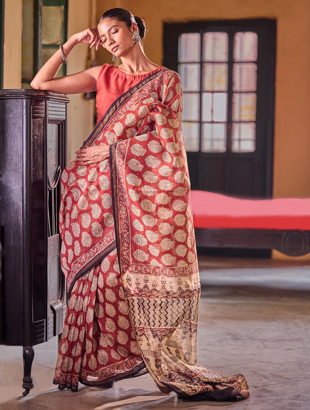 Bagru Statements : Hand Block Printed Chanderi Saree - Kairi Punch