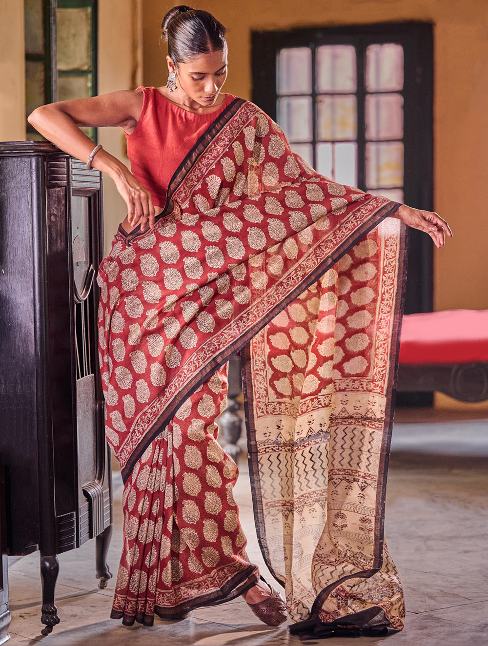 Bagru Statements : Hand Block Printed Chanderi Saree - Kairi Punch