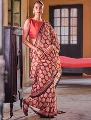 Bagru Statements : Hand Block Printed Chanderi Saree - Kairi Punch