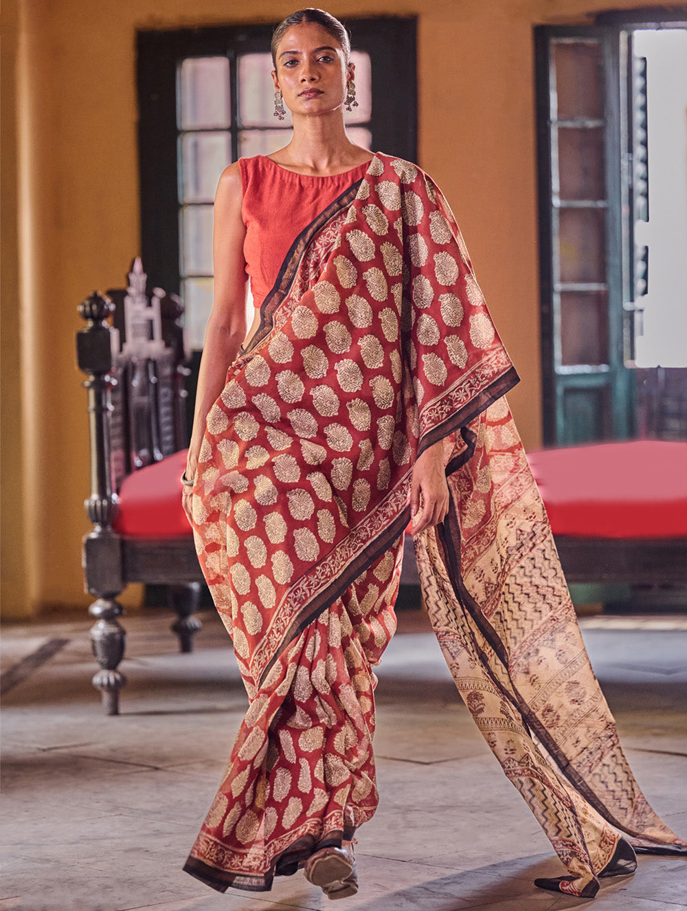 Bagru Statements : Hand Block Printed Chanderi Saree - Kairi Punch